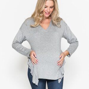 Maternity Grey V-Neck Frill Ruffle French Terry Solid Basic Top